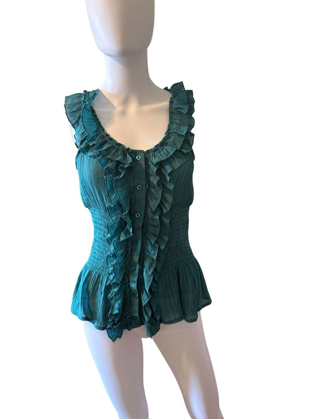 Body Central Women's Teal Crinkle Smocked Ruffle Button-Front Sleeveless Blouse